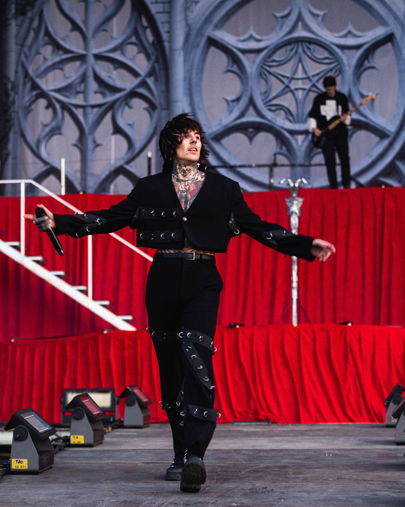 Nuremberg, Germany. 03rd June, 2023. Oliver Sykes (l) of the band Bring Me  the Horizon sings at the performance of the band Machine Gun Kelly on the  Utopia Stage. Continuation of the