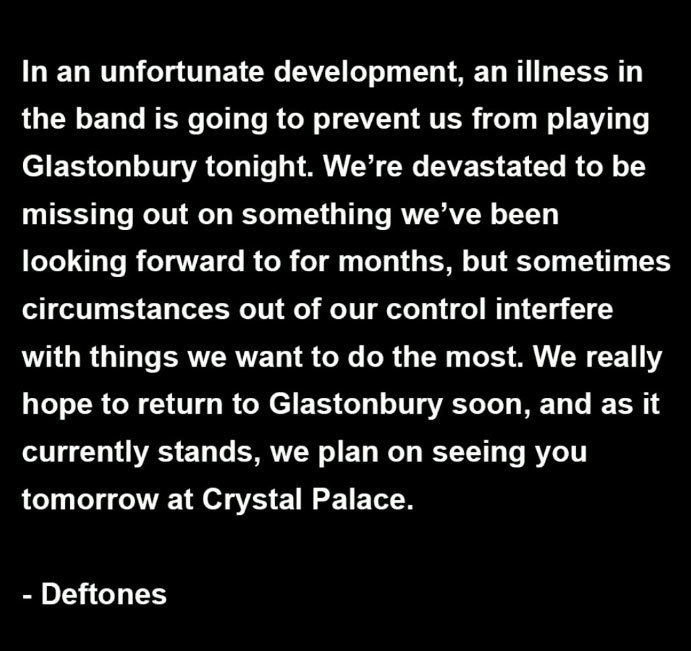 Deftones' official statement expressing devastation over missing Glastonbury.